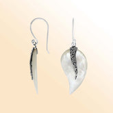 “Mother of Pearl leaf drop earrings with sterling silver textured wave accent – handcrafted artisan shell jewelry for women”